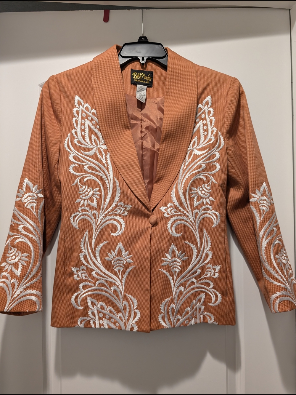 Bob Mackie Orange Blazer with White Embroidered Scrolls